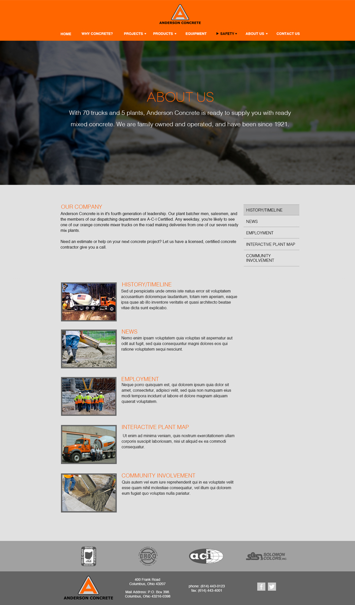 Anderson Concrete website redesign about us page comp